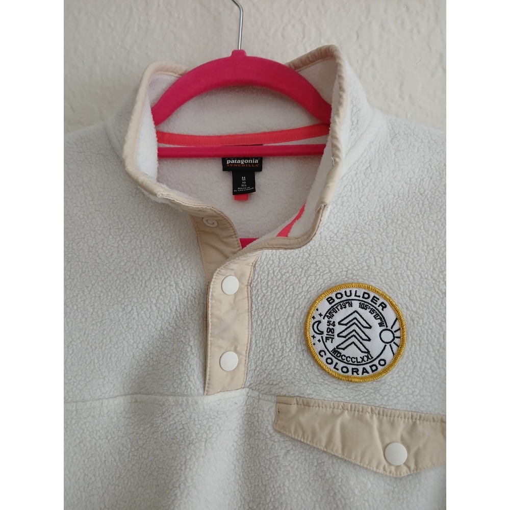 Patagonia Girls Synchilla Fleece Snap-T Pullover Cream Boulder Colorado Patch 10
